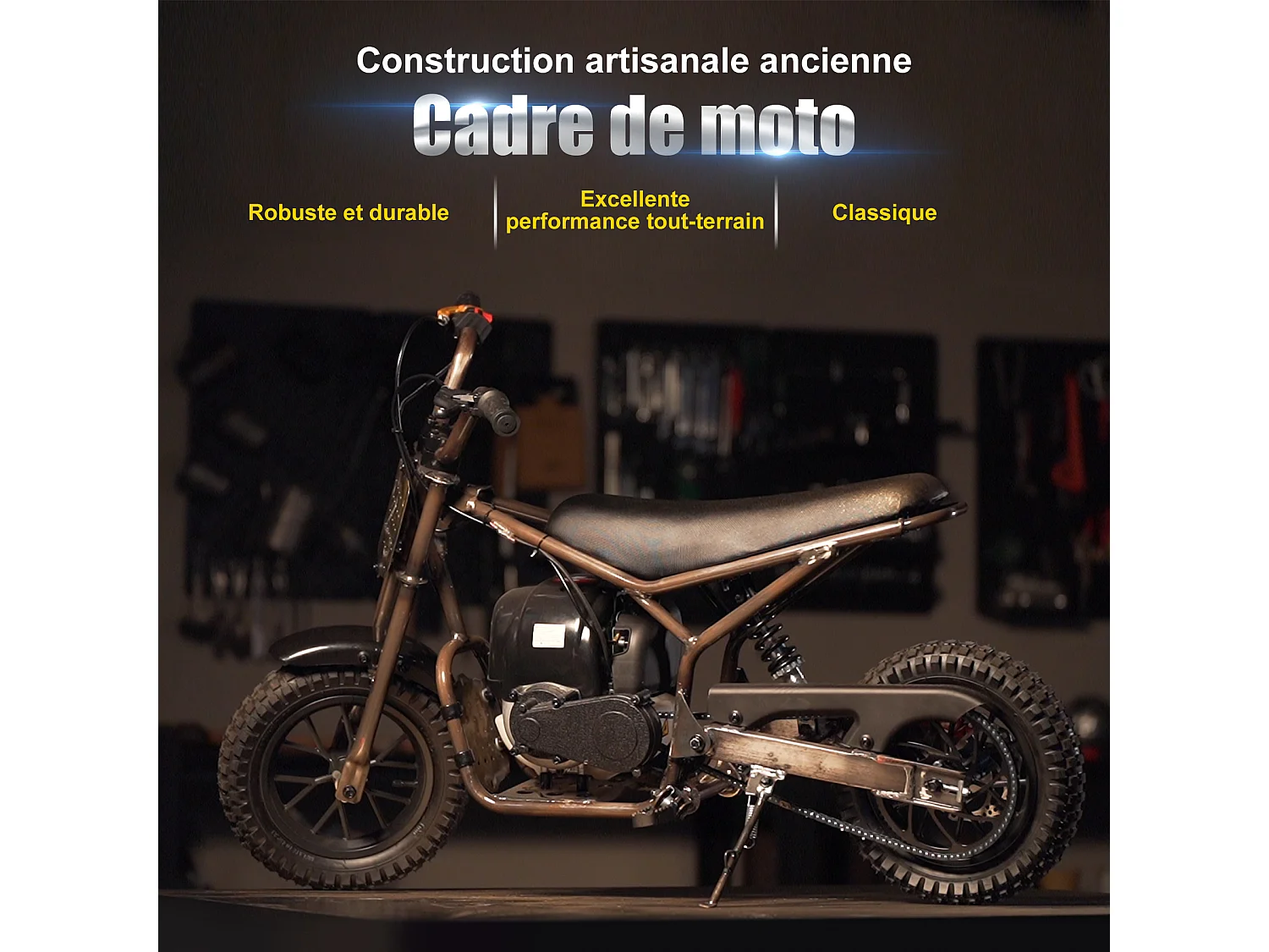 Oryxearth 37.7CC 4-Temps Dirt Bike pour Enfants, Mini Moto à Essence, Transmission Automatique et Démarrage par Traction, Marron