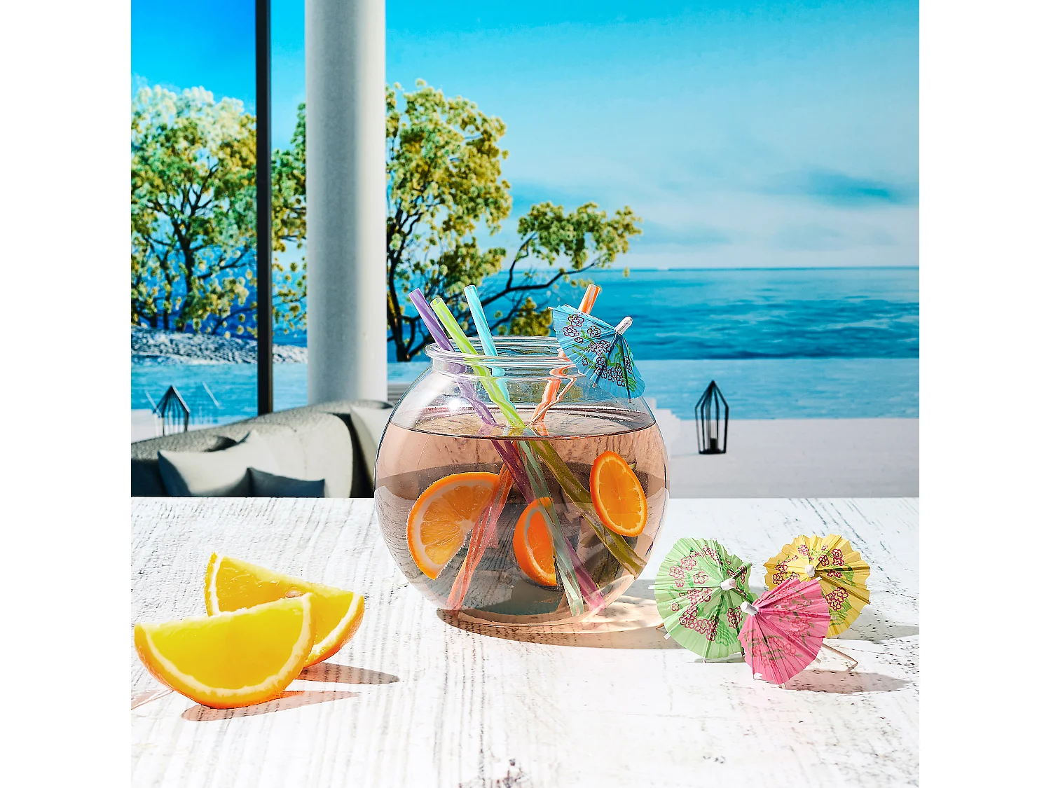 Bocal A Cocktail 4 Pailles Et Parapluies Transparent, Multicolore