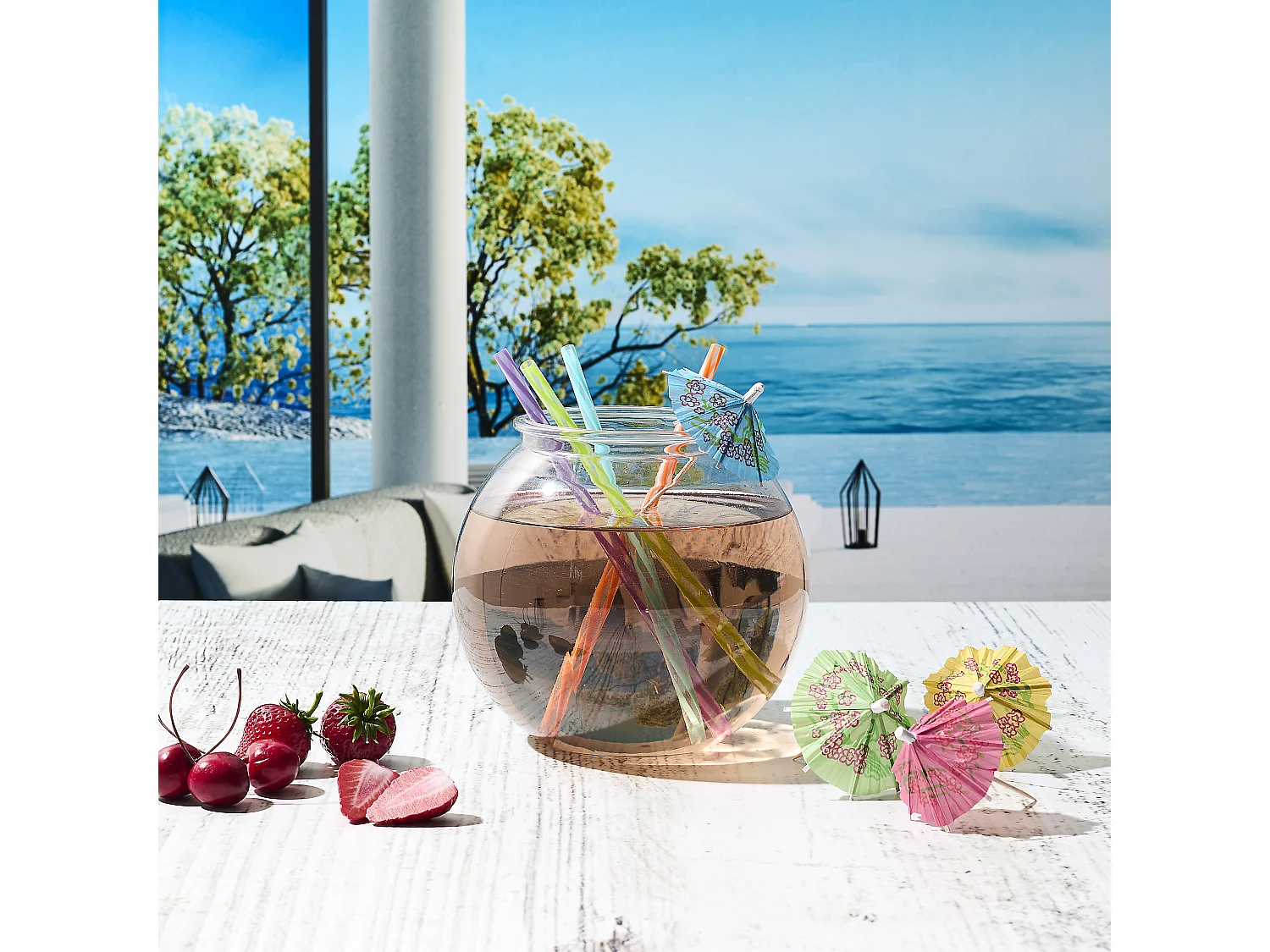 Bocal A Cocktail 4 Pailles Et Parapluies Transparent, Multicolore