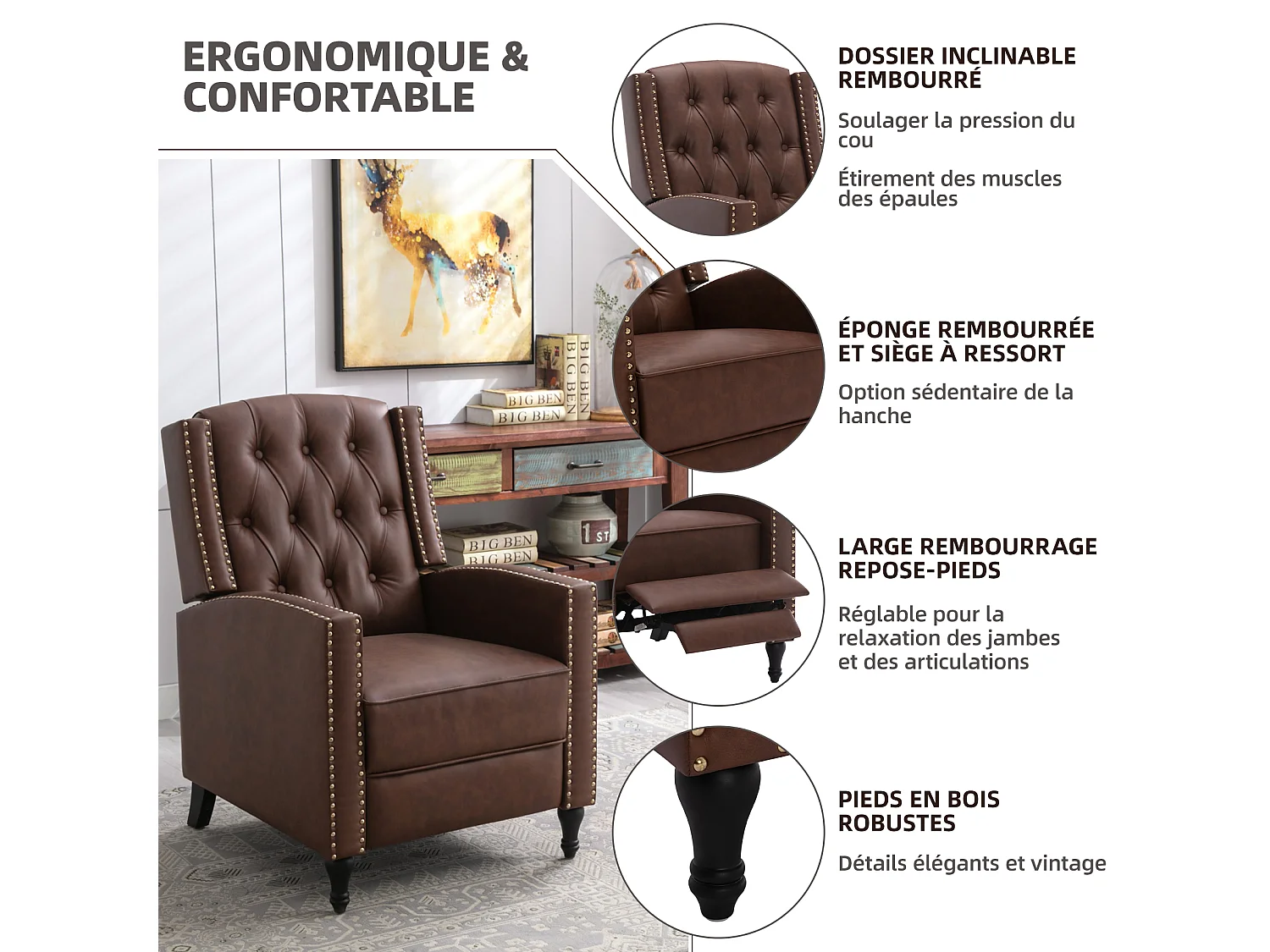Sillón Reclinable Ergonómico – Confort Supremo para Sala y Relajación en Marrón