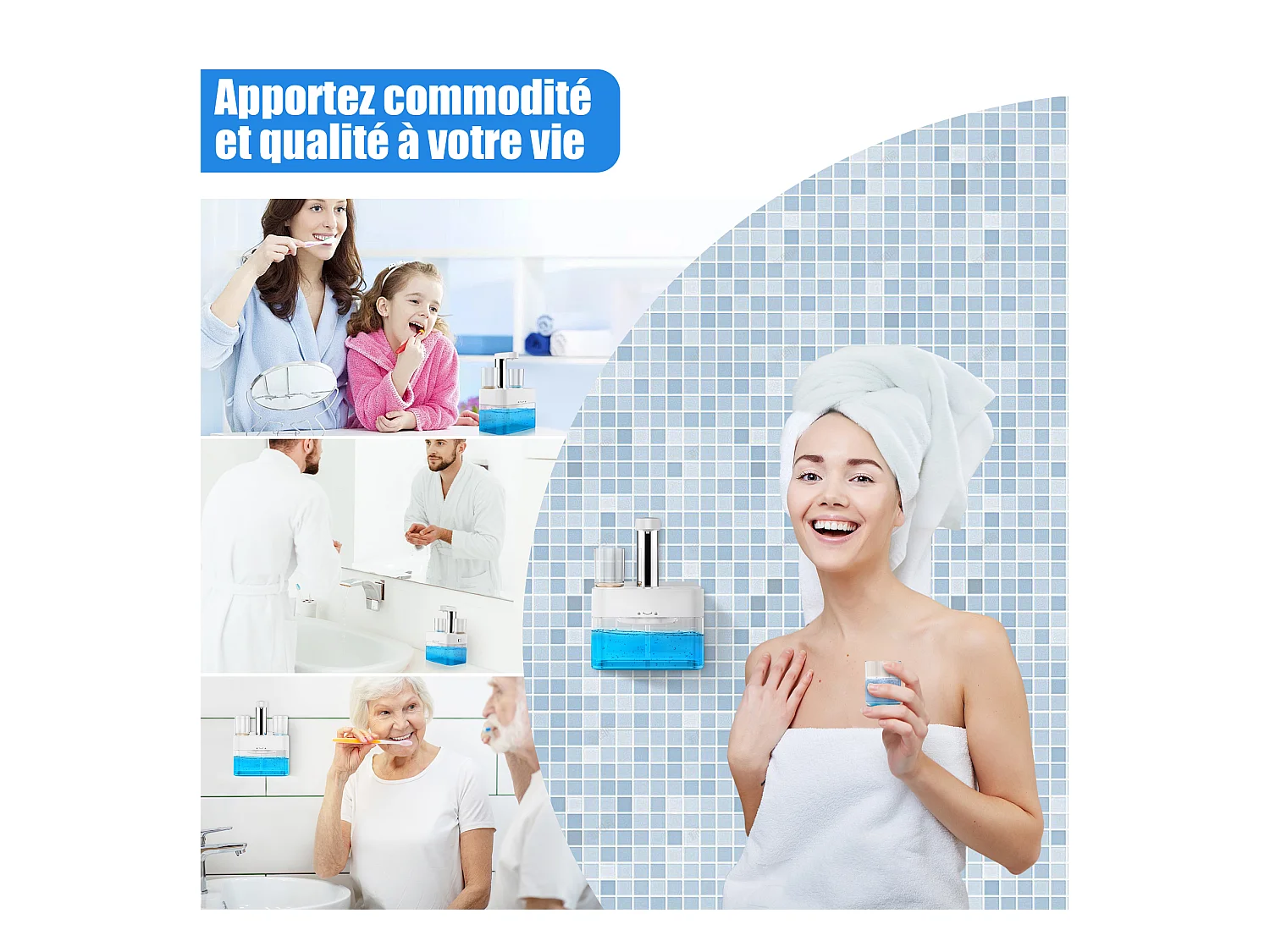 Dispensador automático de enjuague bucal 550ml con 2 vasos magnéticos - Dosificación ajustable, diseño blanco impermeable