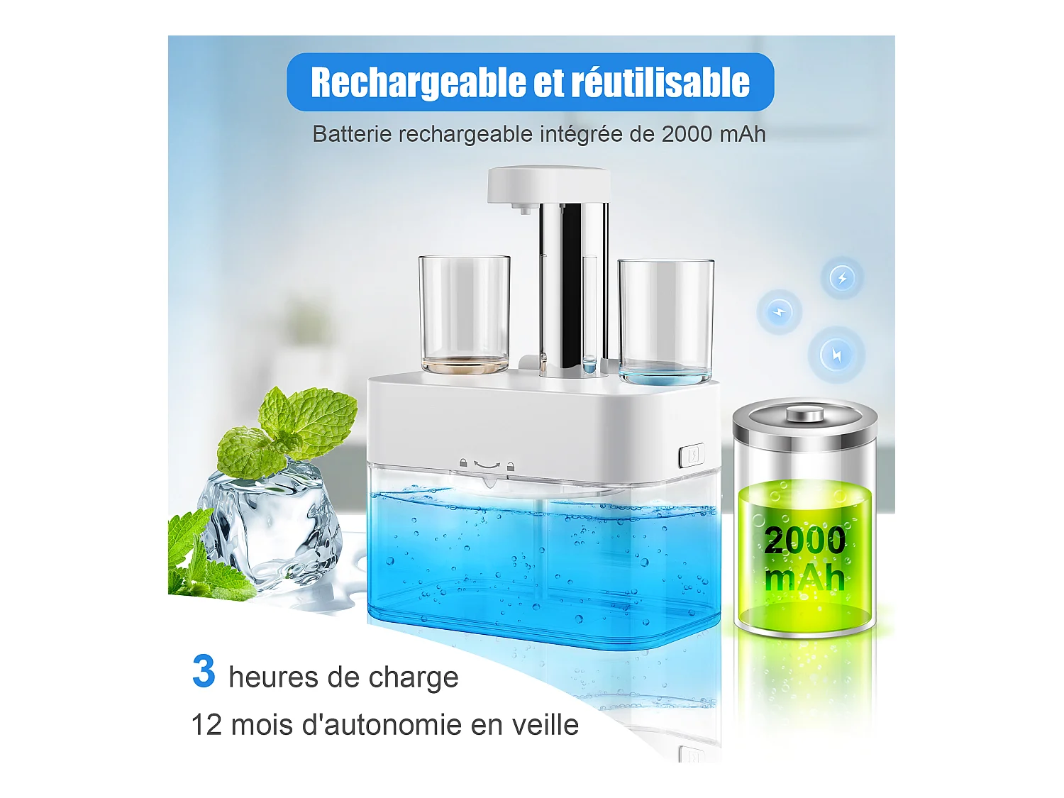 Dispensador automático de enjuague bucal 550ml con 2 vasos magnéticos - Dosificación ajustable, diseño blanco impermeable