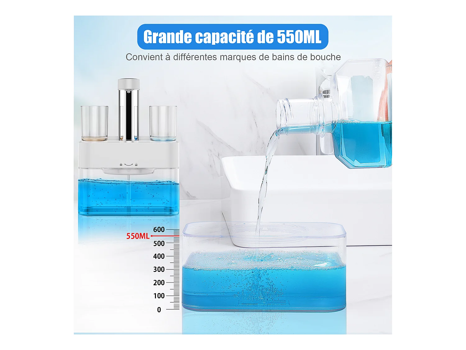 Dispensador automático de enjuague bucal 550ml con 2 vasos magnéticos - Dosificación ajustable, diseño blanco impermeable
