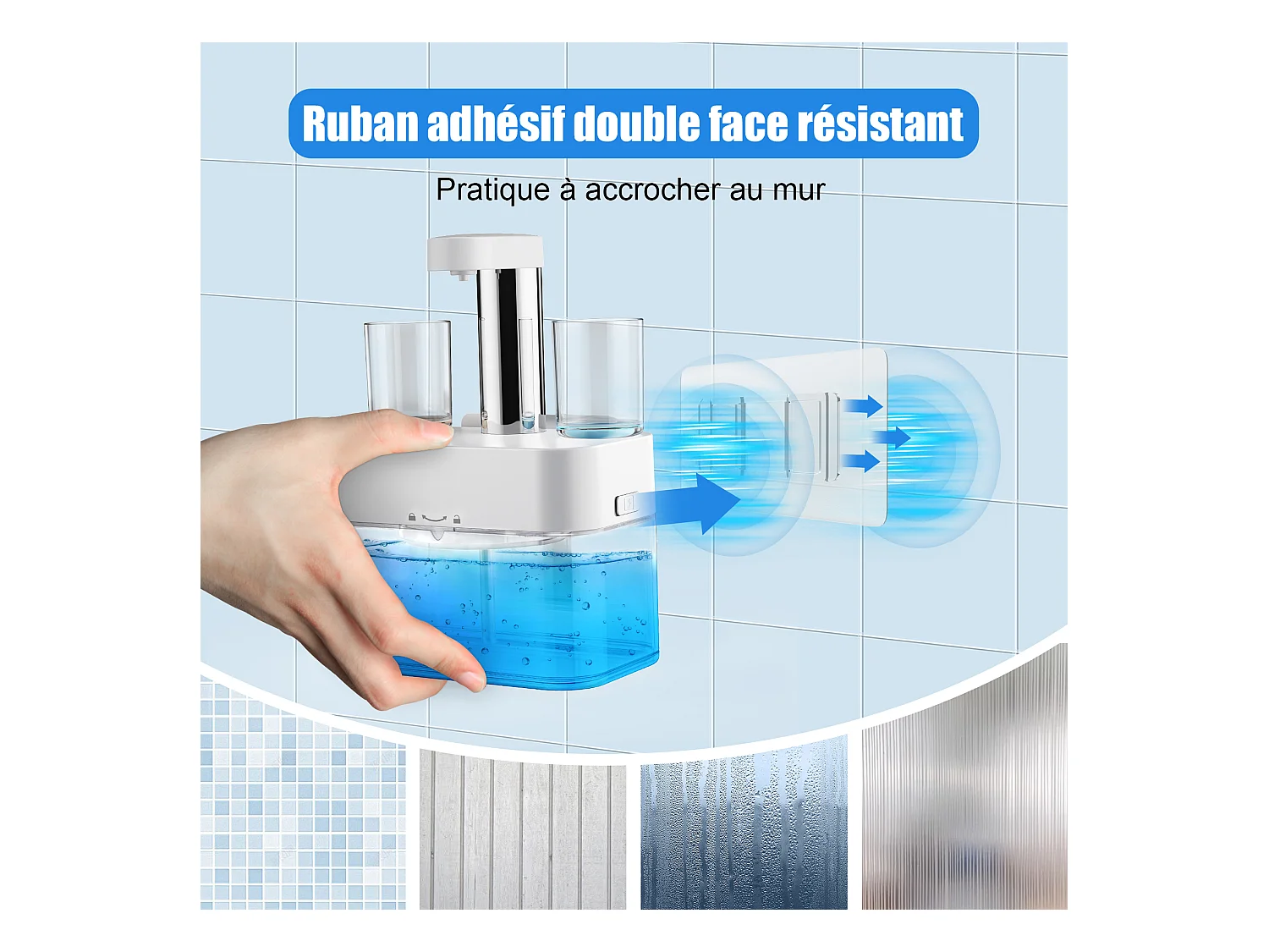 Dispensador automático de enjuague bucal 550ml con 2 vasos magnéticos - Dosificación ajustable, diseño blanco impermeable