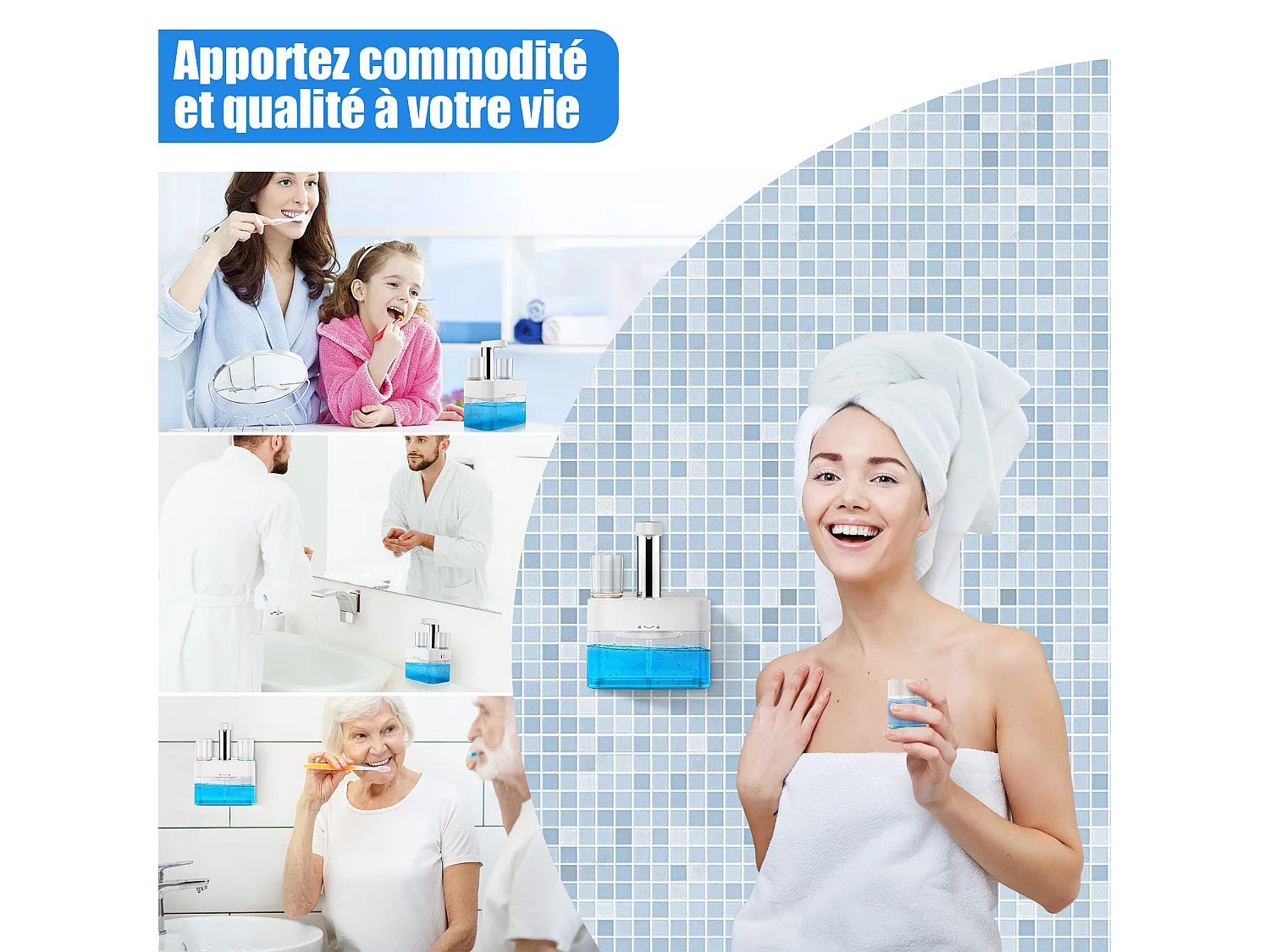 Dispensador automático de enjuague bucal 550ml con 2 vasos magnéticos - Dosificación ajustable, diseño blanco impermeable