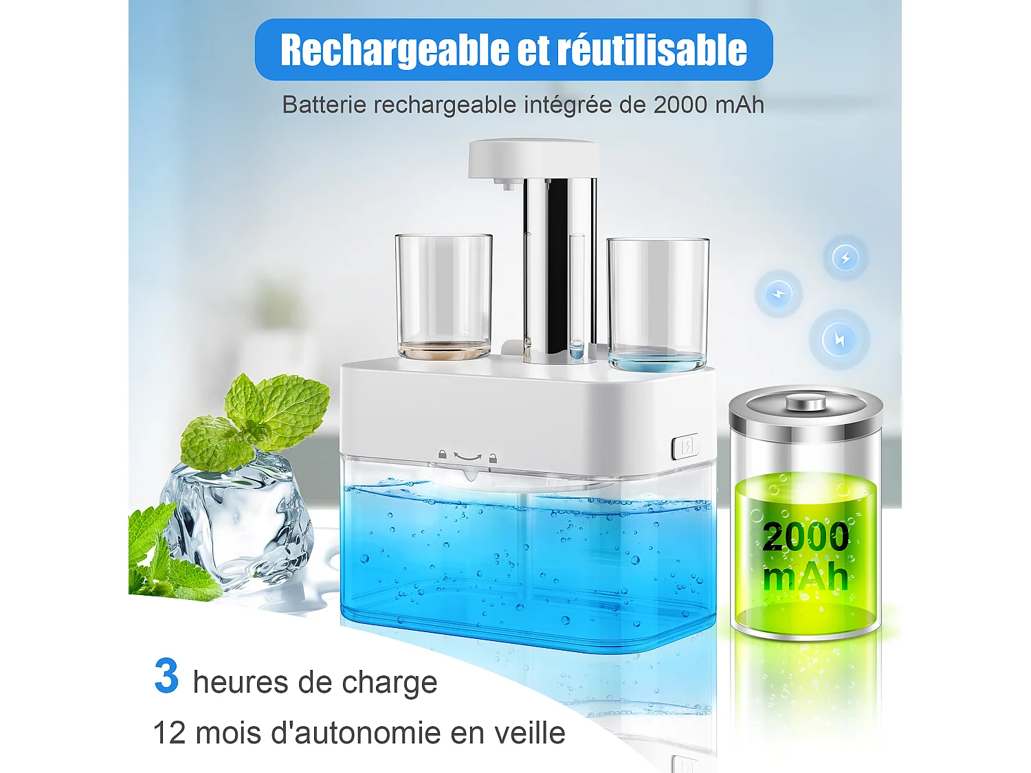 Dispensador automático de enjuague bucal 550ml con 2 vasos magnéticos - Dosificación ajustable, diseño blanco impermeable