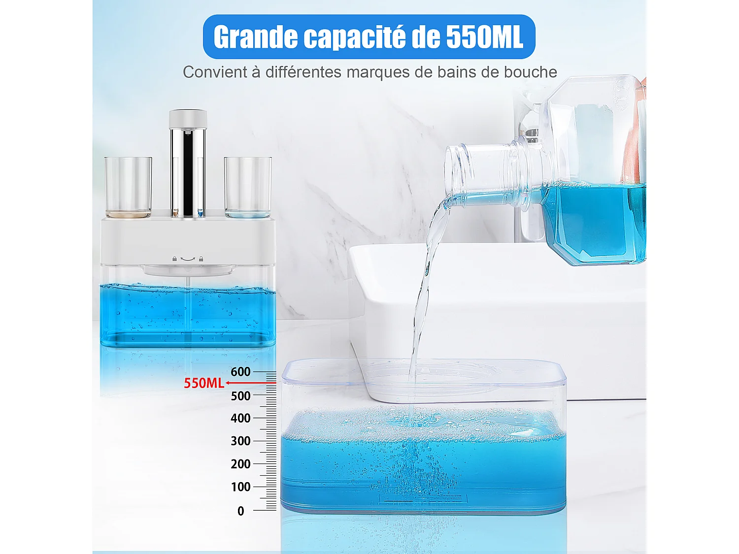 Dispensador automático de enjuague bucal 550ml con 2 vasos magnéticos - Dosificación ajustable, diseño blanco impermeable