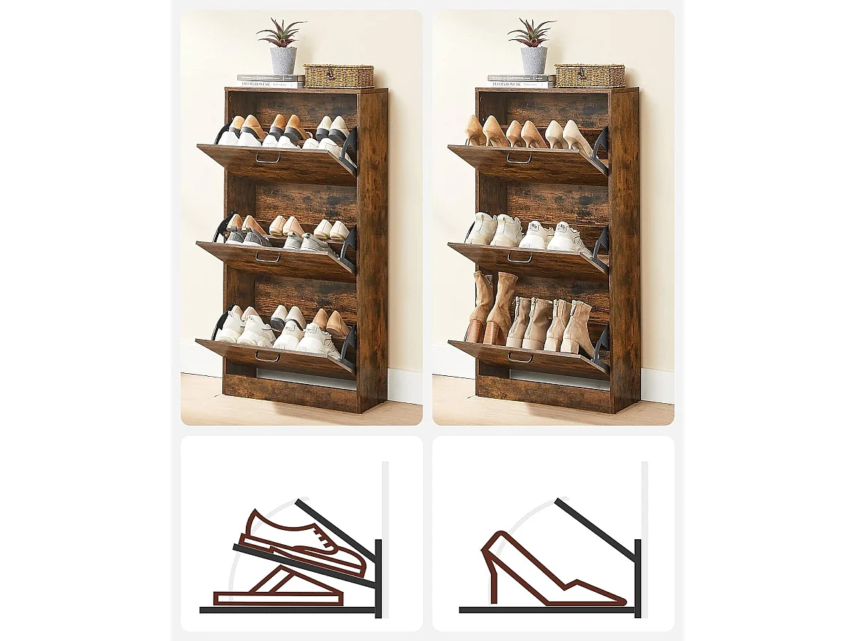 Schoenenkast met 3 vakken, opbergkast, woonkamer, slaapkamer, 60 x 24 x 120 cm (l x b x h), vintage