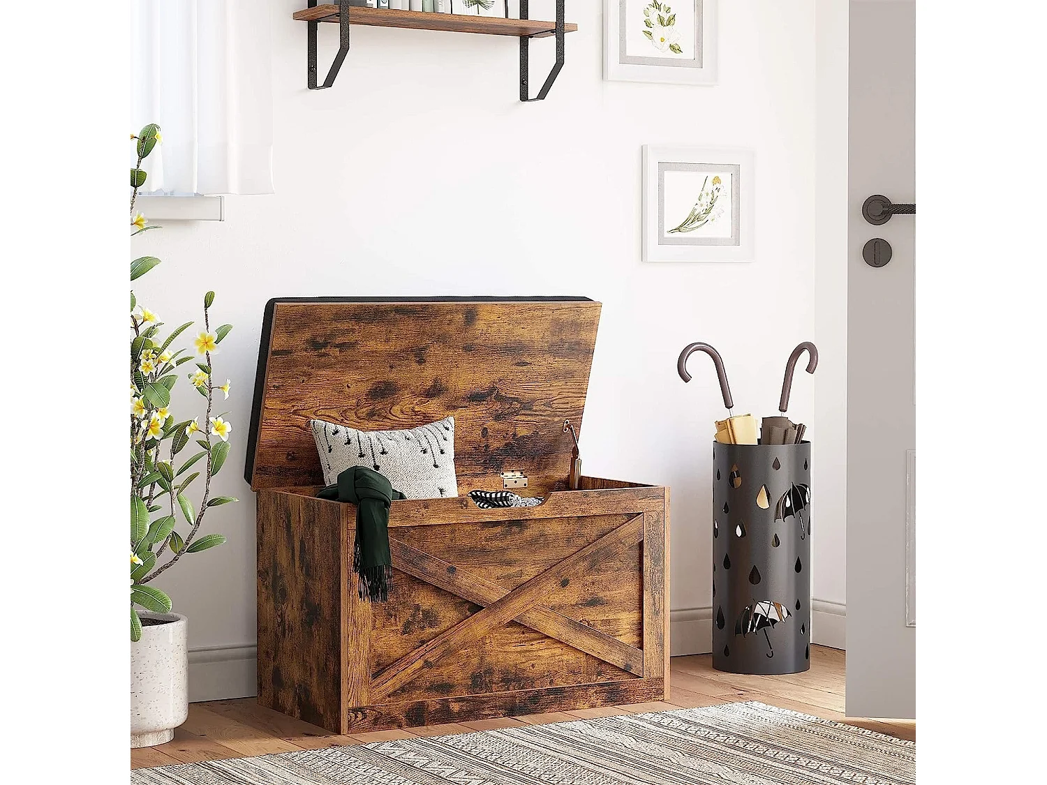 Bobbel Home Opbergkist - Schoenbank - Zitkist  - Vintage - Grijs - Bewerkt Hout - 76 x 40 x 48 cm