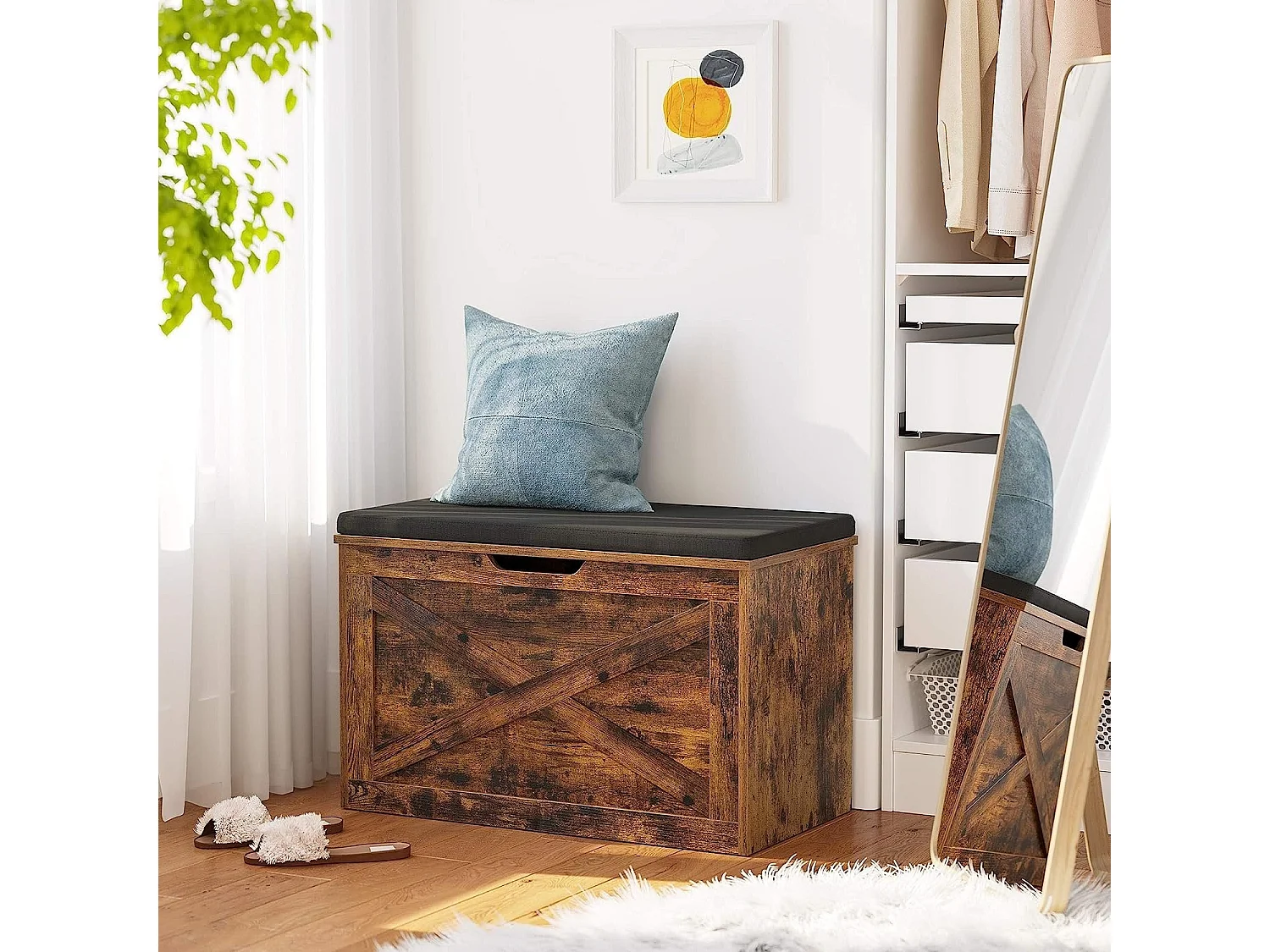 Bobbel Home Opbergkist - Schoenbank - Zitkist  - Vintage - Grijs - Bewerkt Hout - 76 x 40 x 48 cm