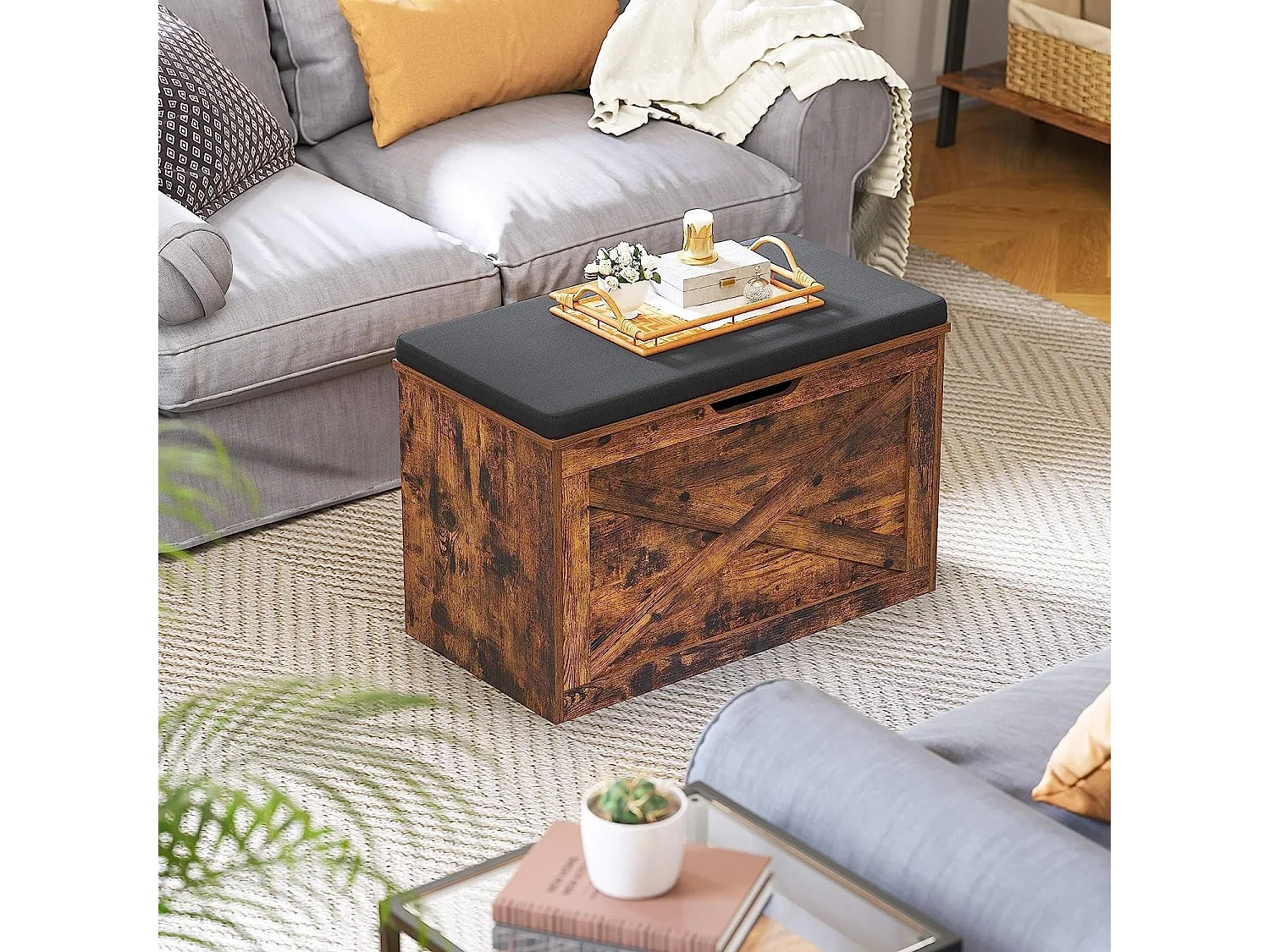 Bobbel Home Opbergkist - Schoenbank - Zitkist  - Vintage - Grijs - Bewerkt Hout - 76 x 40 x 48 cm