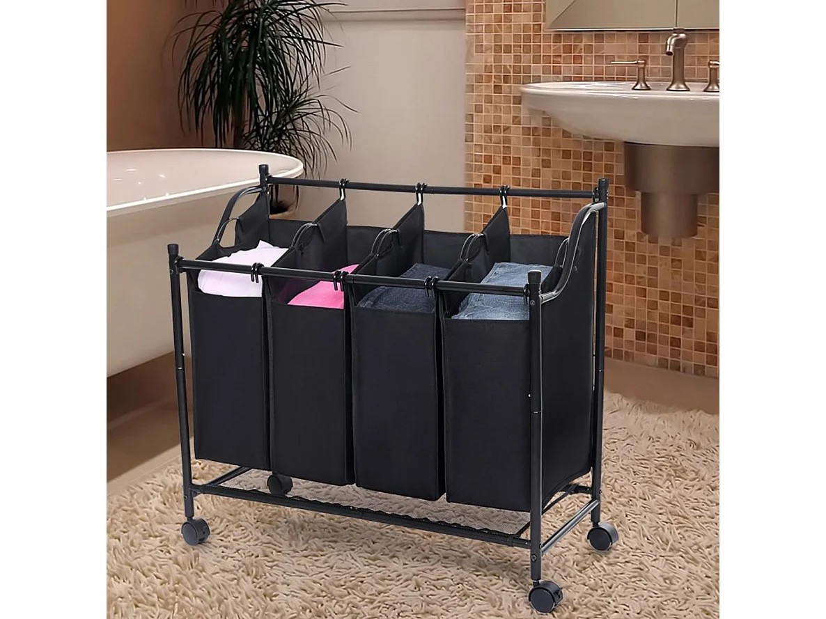 Wassorteerder basket op wielen met vier vakken en vier waszakken