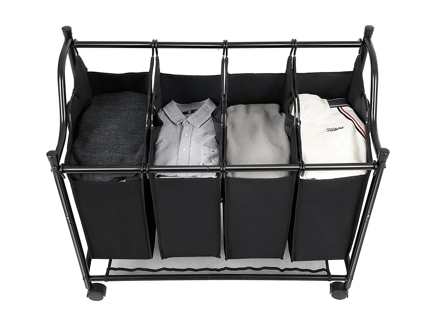 Wassorteerder basket op wielen met vier vakken en vier waszakken