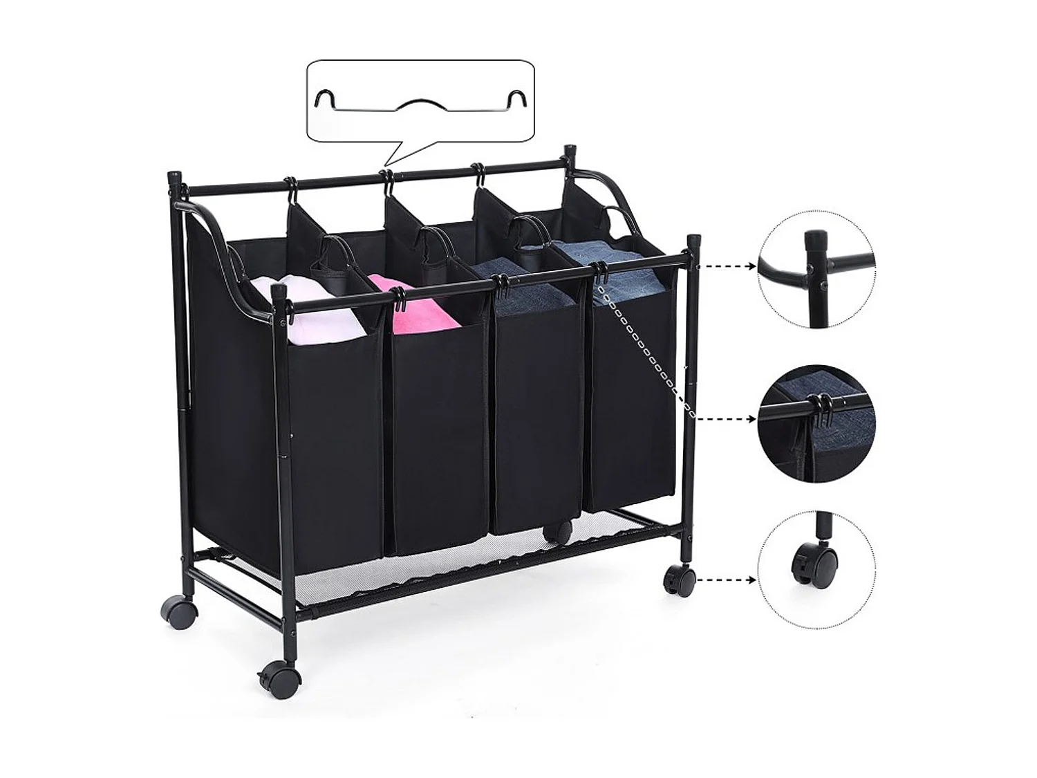 Wassorteerder basket op wielen met vier vakken en vier waszakken