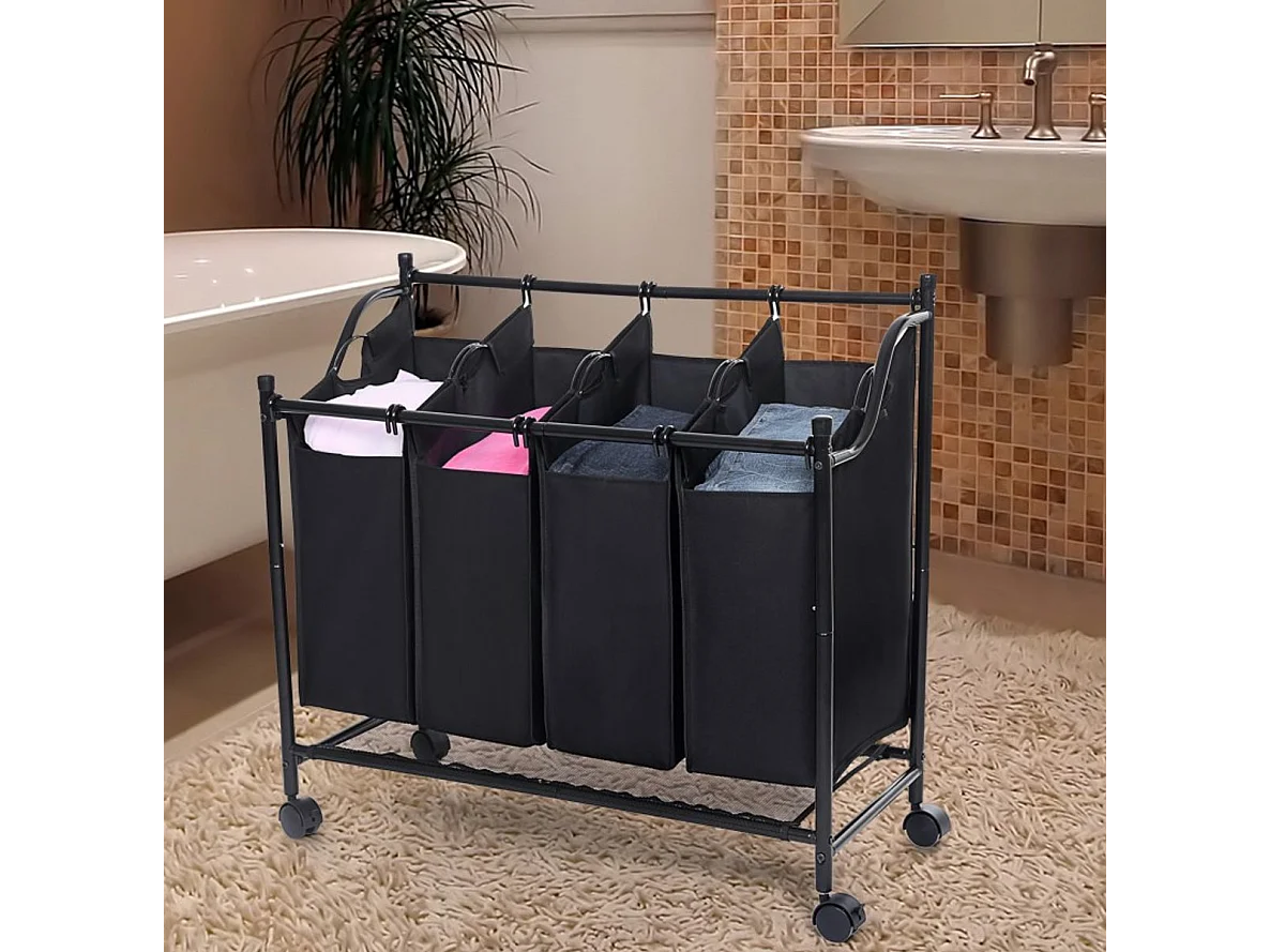 Wassorteerder basket op wielen met vier vakken en vier waszakken