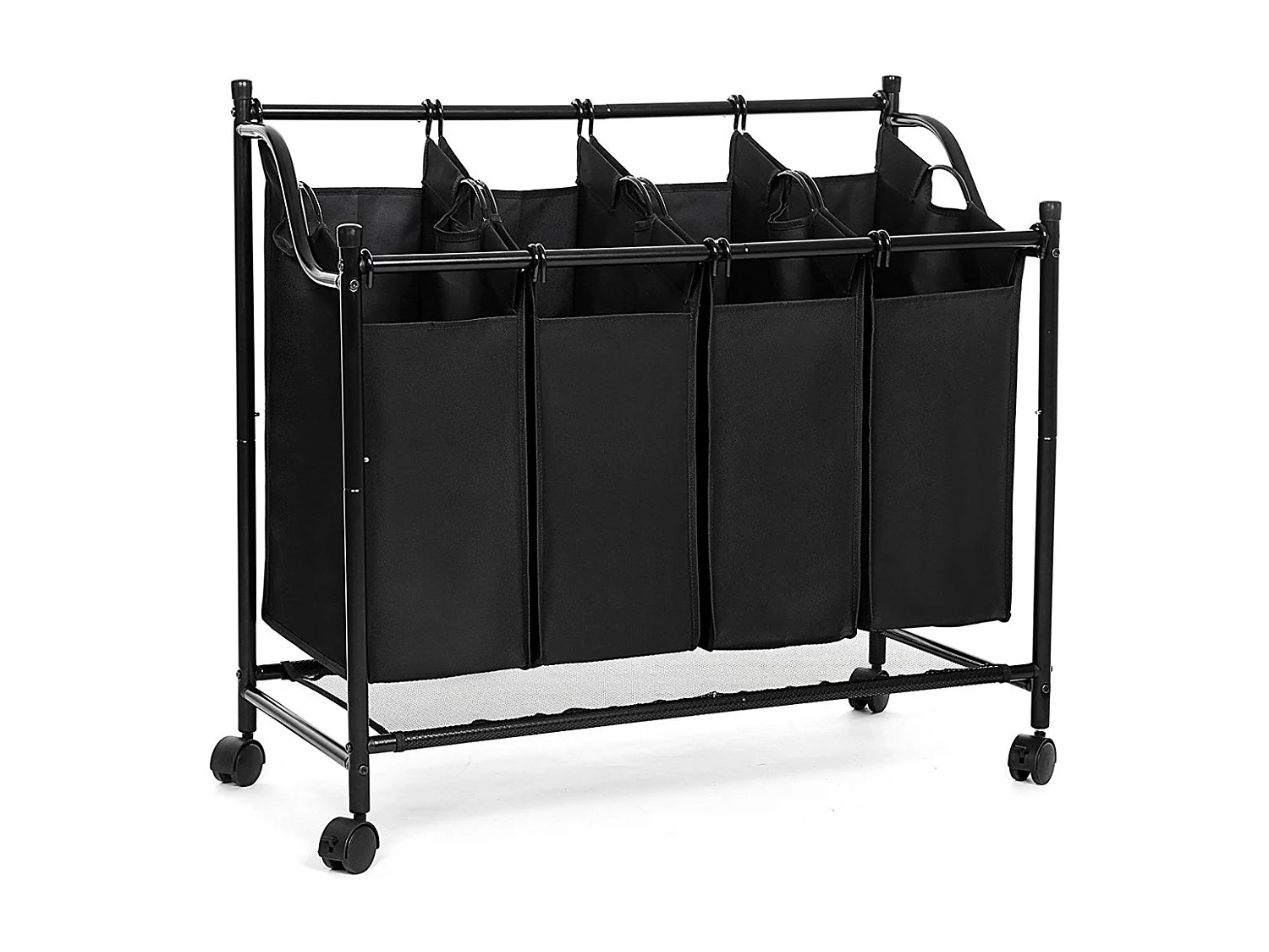 Wassorteerder basket op wielen met vier vakken en vier waszakken