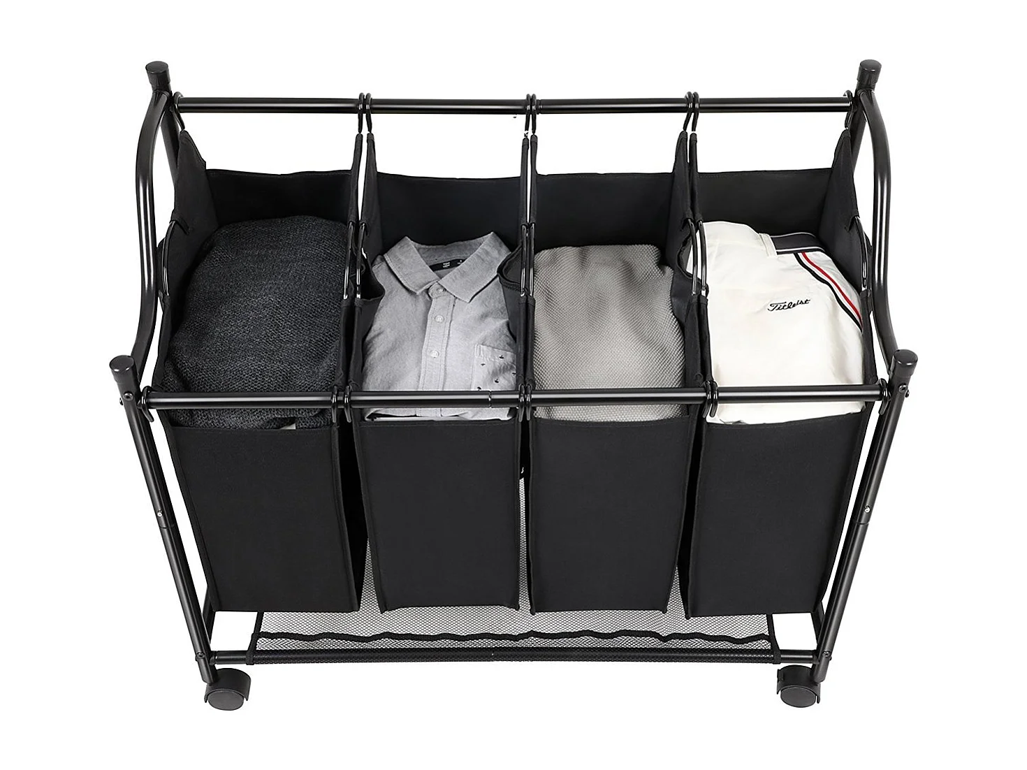 Wassorteerder basket op wielen met vier vakken en vier waszakken