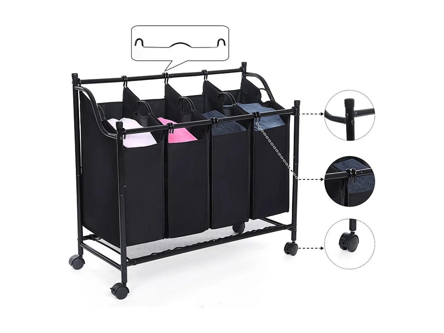 Wassorteerder basket op wielen met vier vakken en vier waszakken