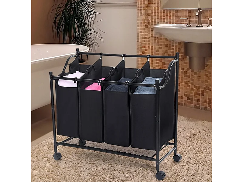 Wassorteerder basket op wielen met vier vakken en vier waszakken