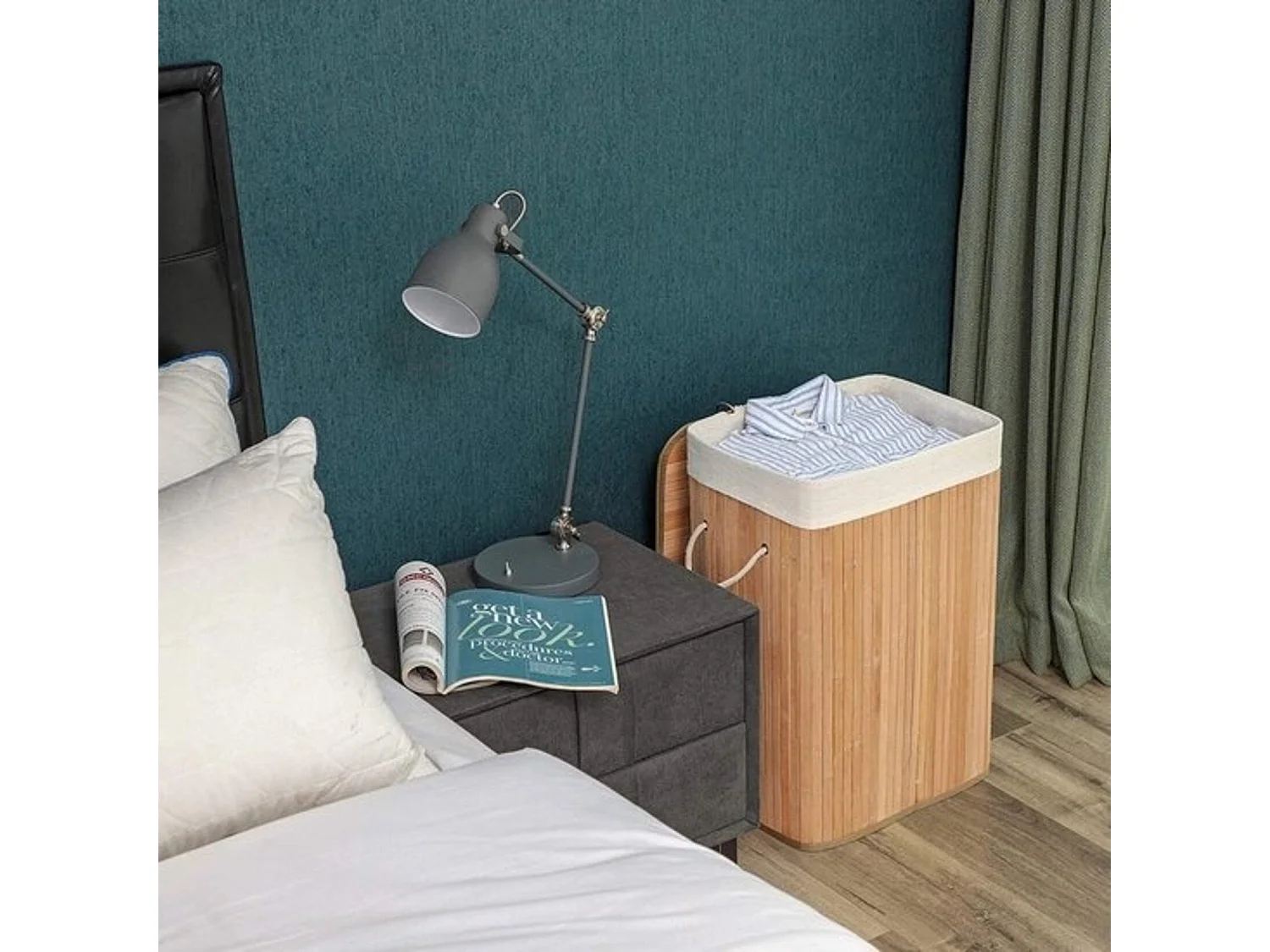 Bamboe wasmand met katoenen zak, handvaten en deksel, 72 liter- afm. 40 x 30 x 60 cm