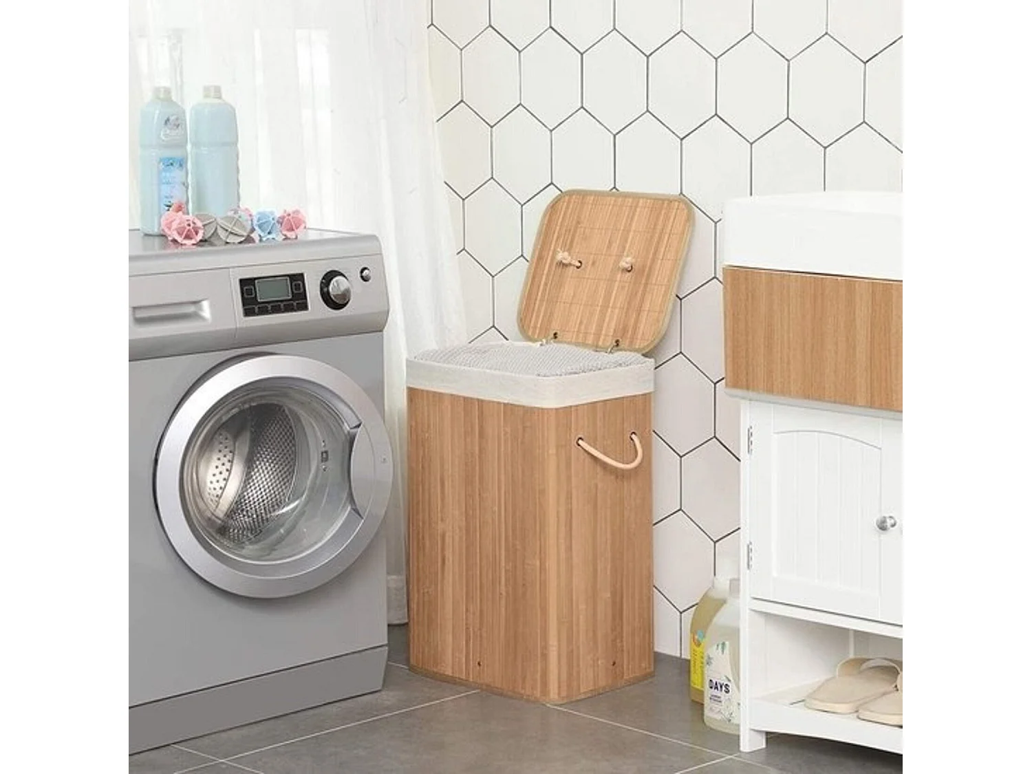 Bamboe wasmand met katoenen zak, handvaten en deksel, 72 liter- afm. 40 x 30 x 60 cm