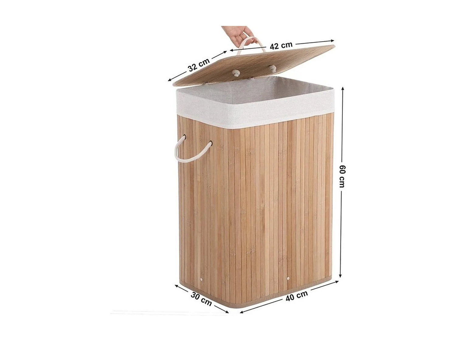 Bamboe wasmand met katoenen zak, handvaten en deksel, 72 liter- afm. 40 x 30 x 60 cm