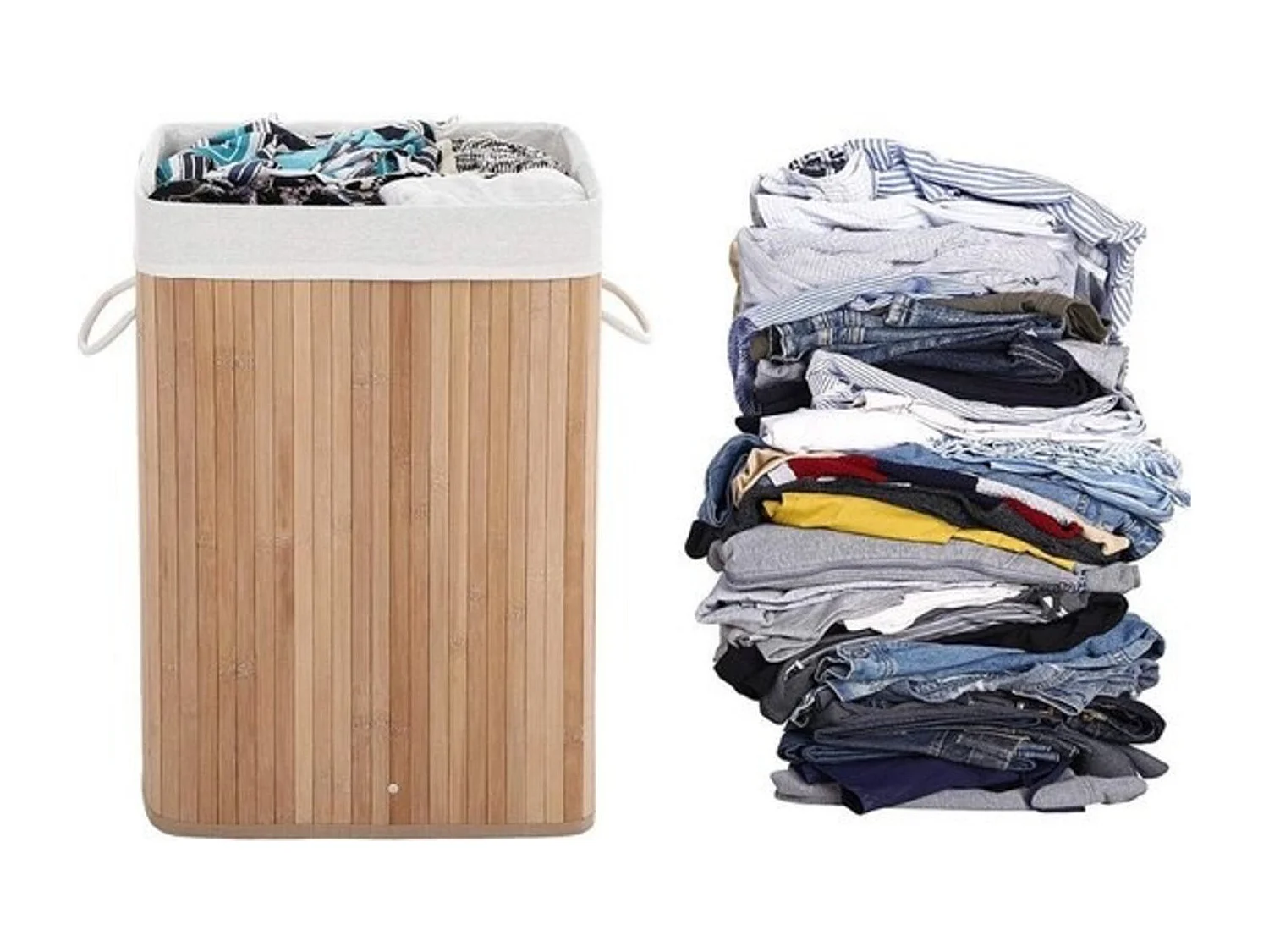 Bamboe wasmand met katoenen zak, handvaten en deksel, 72 liter- afm. 40 x 30 x 60 cm