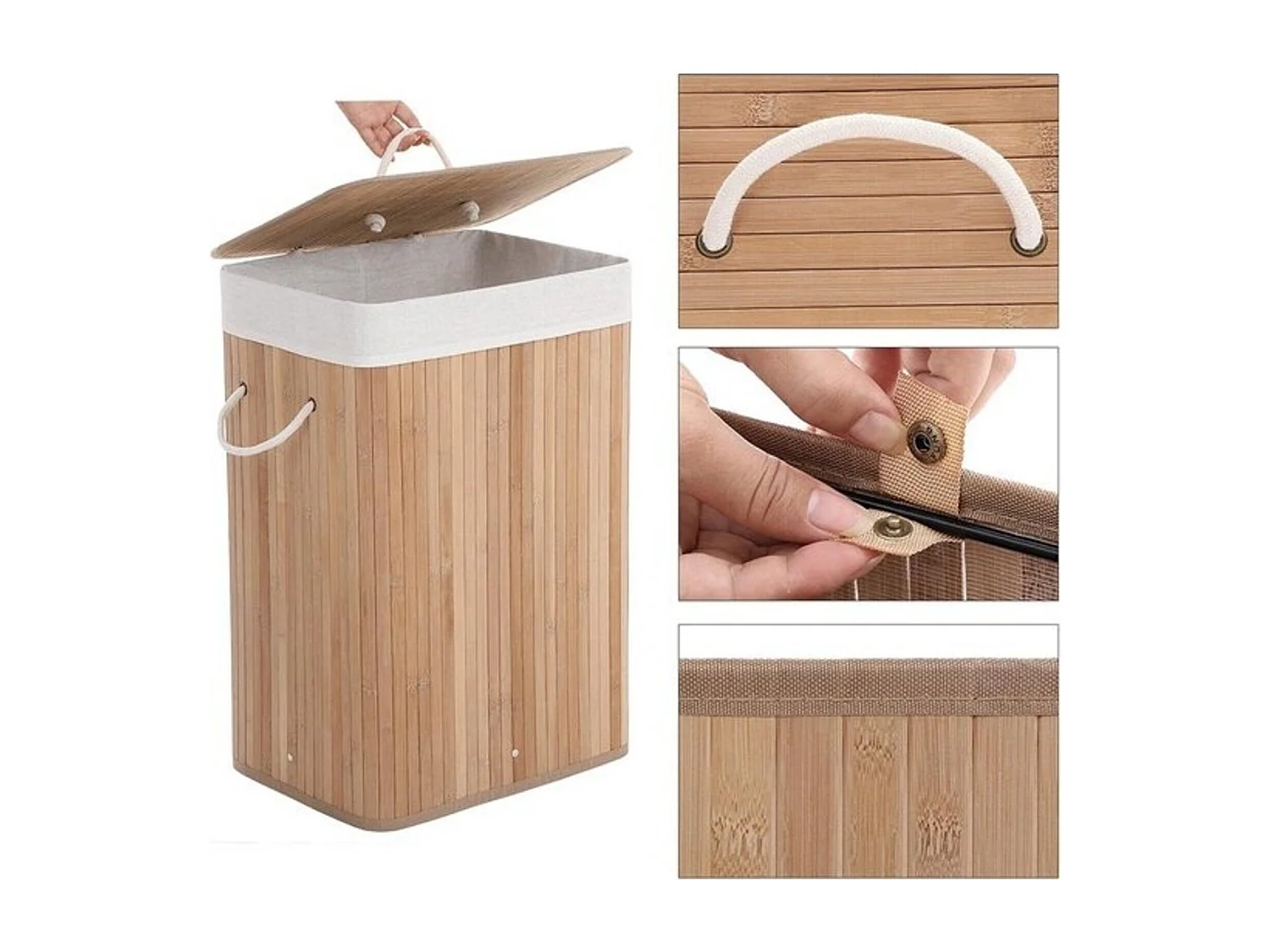 Bamboe wasmand met katoenen zak, handvaten en deksel, 72 liter- afm. 40 x 30 x 60 cm