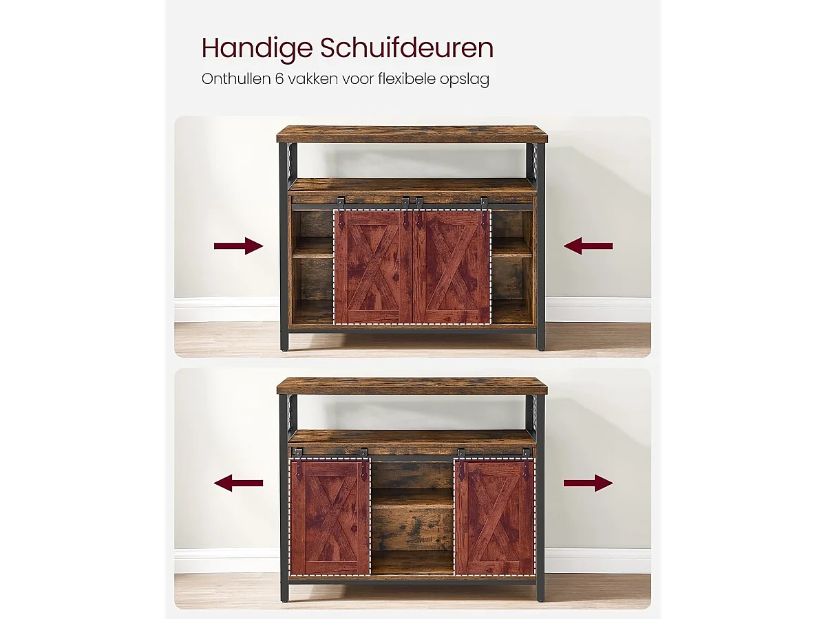Parya Home Industrieel Sideboard – Keukenkastje met 2 schuifdeuren en verstelbare plank, bruin-zwart
