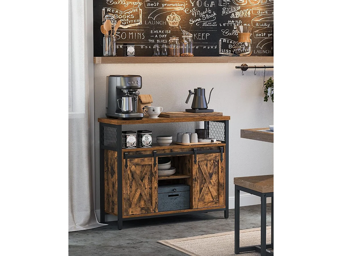 Parya Home Industrieel Sideboard – Keukenkastje met 2 schuifdeuren en verstelbare plank, bruin-zwart