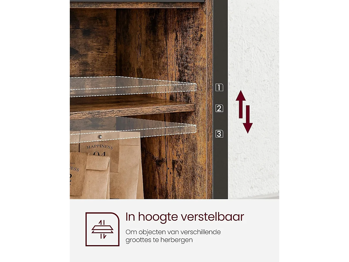 Parya Home Industrieel Sideboard – Keukenkastje met 2 schuifdeuren en verstelbare plank, bruin-zwart