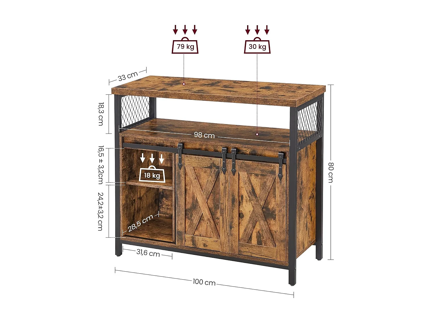 Parya Home Industrieel Sideboard – Keukenkastje met 2 schuifdeuren en verstelbare plank, bruin-zwart