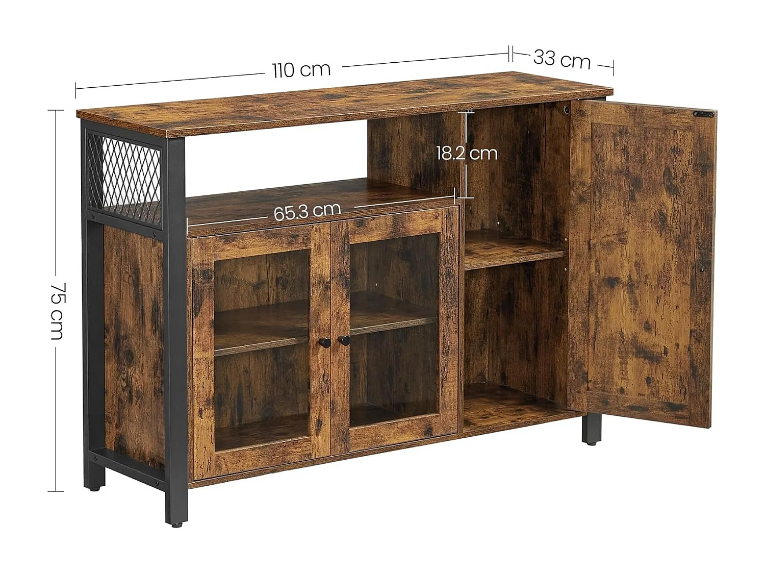 Parya Home Industrieel Dressoir – Keukenkast met 3 deuren, woonkamer, keuken, 110 x 33 x 75 cm
