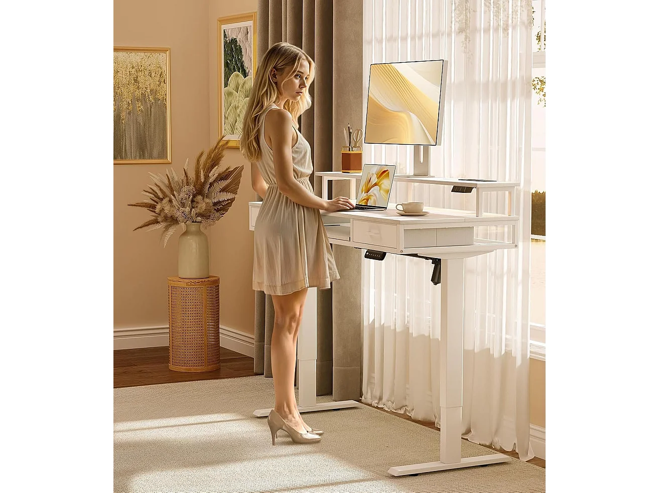 Parya Home Elektrisch Verstelbaar Bureau – 2 Lades, Toetsenbordlade, verlichting & 3 Geheugenstanden