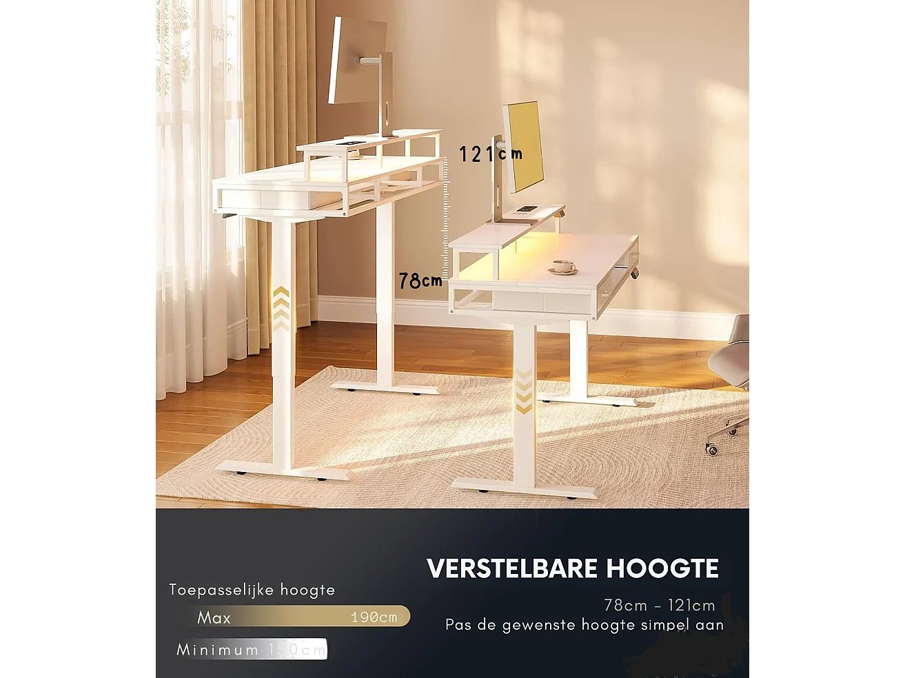 Parya Home Elektrisch Verstelbaar Bureau – 2 Lades, Toetsenbordlade, verlichting & 3 Geheugenstanden