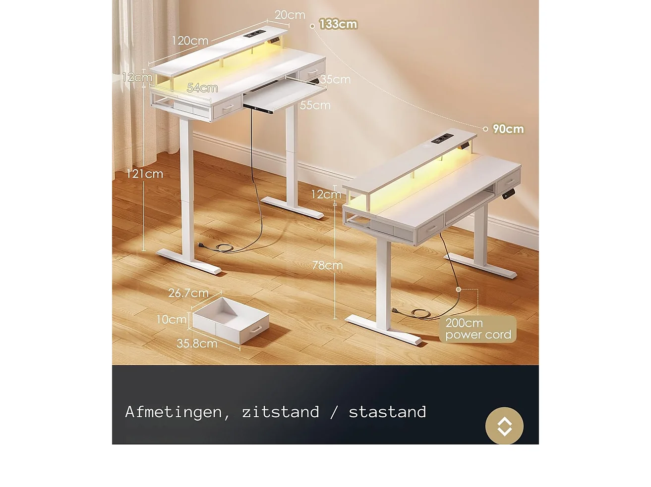 Parya Home Elektrisch Verstelbaar Bureau – 2 Lades, Toetsenbordlade, verlichting & 3 Geheugenstanden