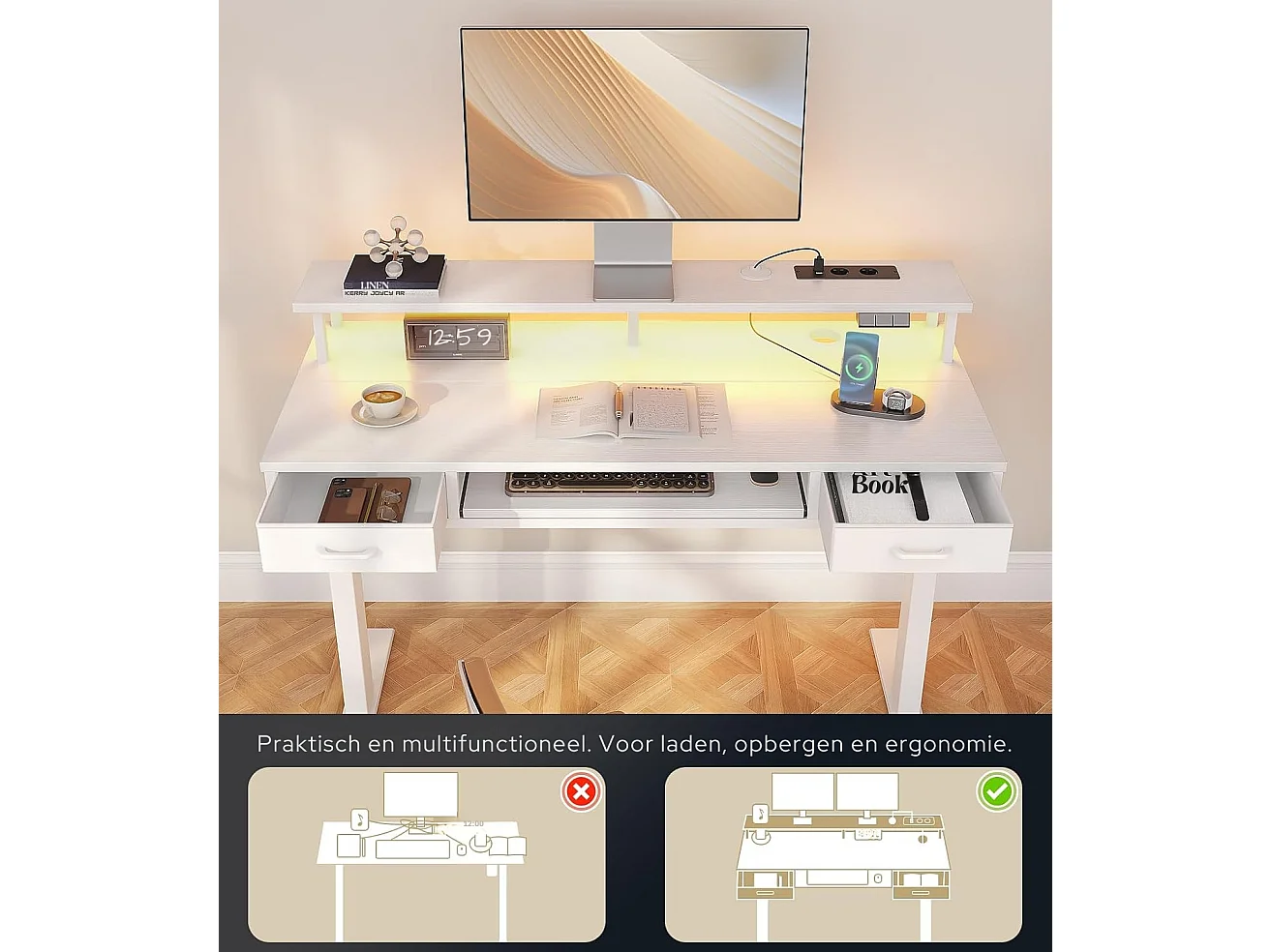 Parya Home Elektrisch Verstelbaar Bureau – 2 Lades, Toetsenbordlade, verlichting & 3 Geheugenstanden