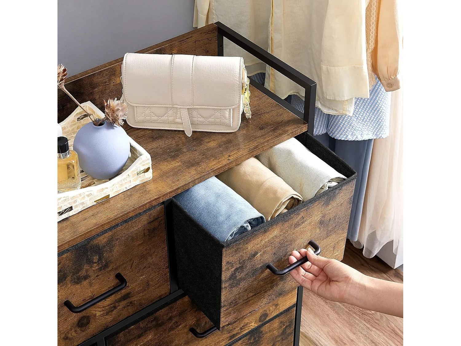 Parya Home Industriėle Commode – Opbergkast met 7 stoffen laden en metalen frame, bruin-zwart