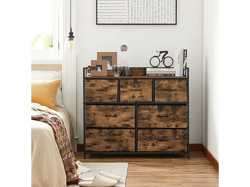 Parya Home Industriėle Commode – Opbergkast met 7 stoffen laden en metalen frame, bruin-zwart