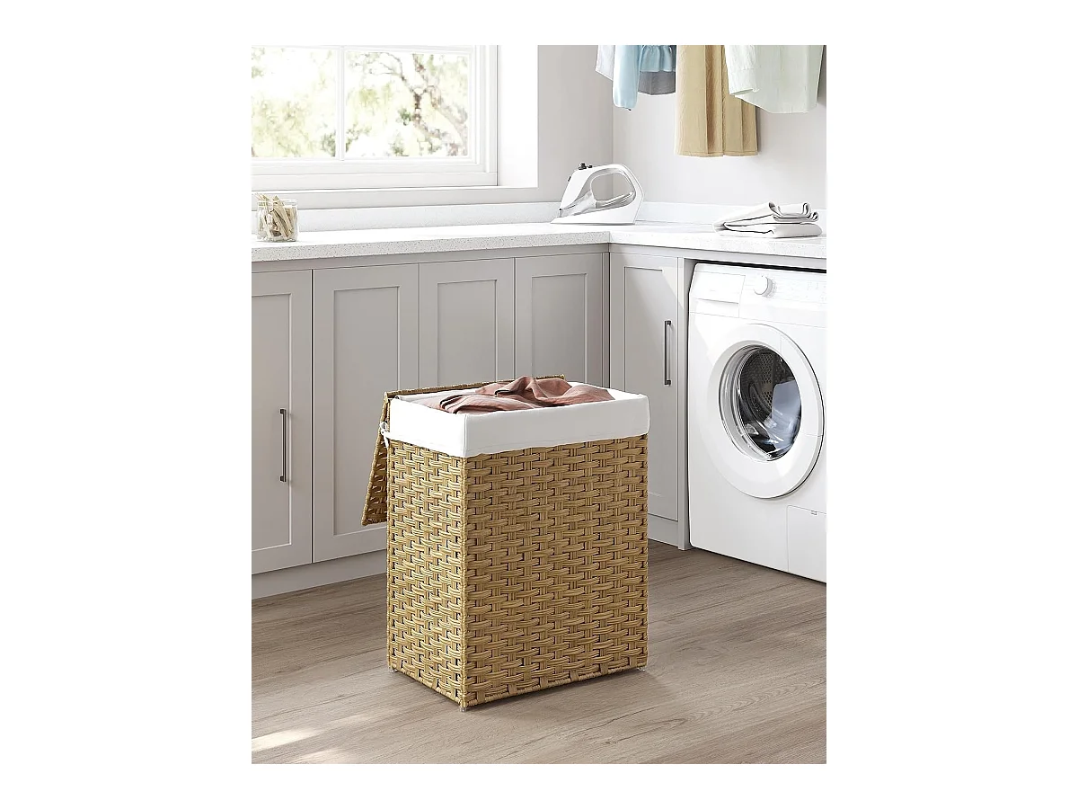 Handgeweven wasmand - 90L - Synthetisch rotan - Met deksel en handvatten - Waszak afneembaar