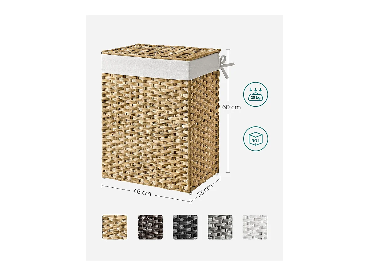 Handgeweven wasmand - 90L - Synthetisch rotan - Met deksel en handvatten - Waszak afneembaar