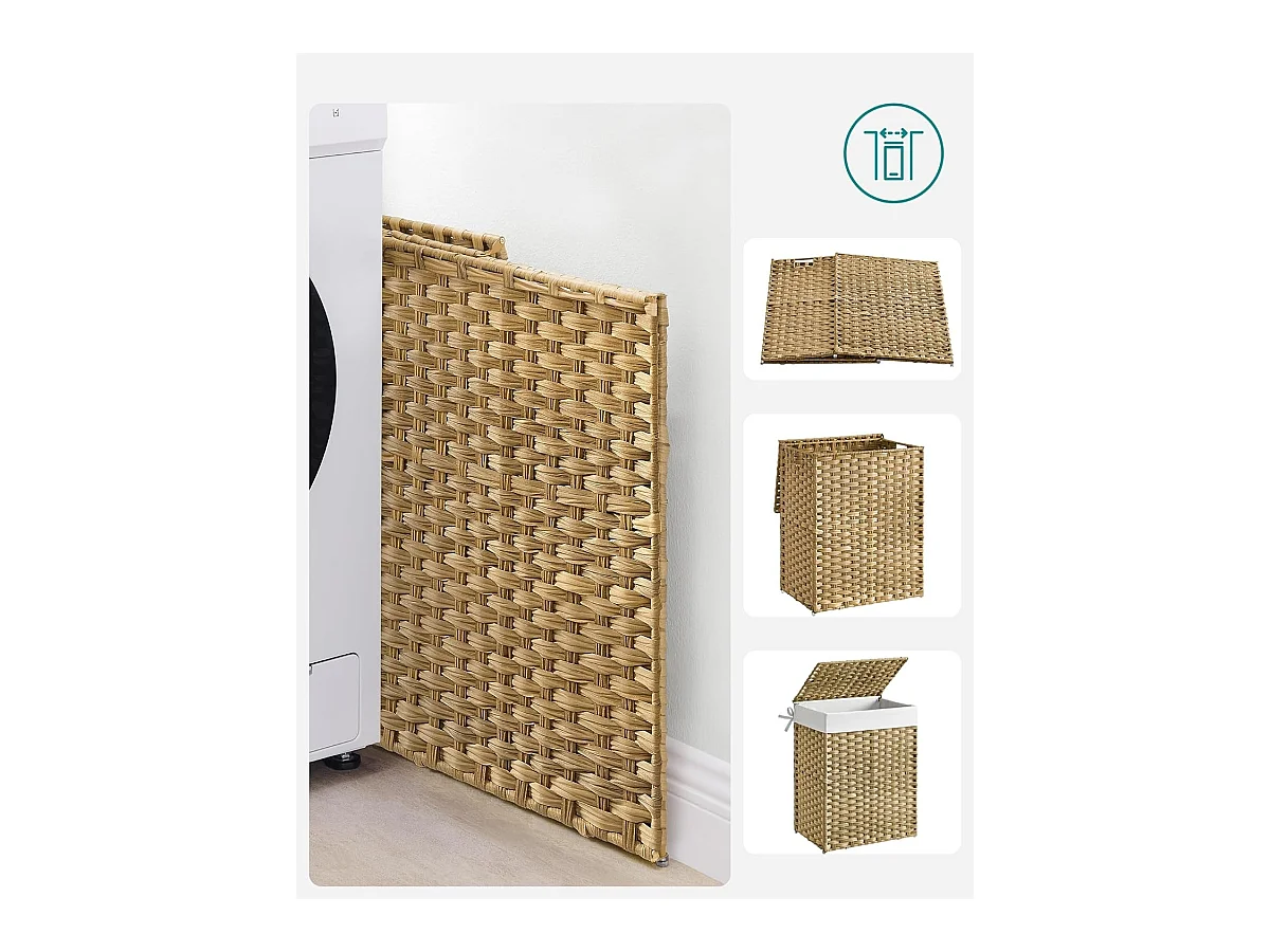 Handgeweven wasmand - 90L - Synthetisch rotan - Met deksel en handvatten - Waszak afneembaar