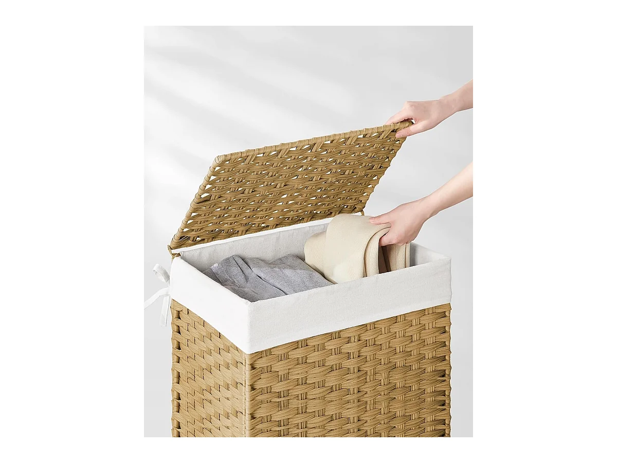 Handgeweven wasmand - 90L - Synthetisch rotan - Met deksel en handvatten - Waszak afneembaar