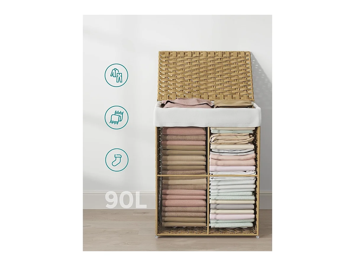 Handgeweven wasmand - 90L - Synthetisch rotan - Met deksel en handvatten - Waszak afneembaar