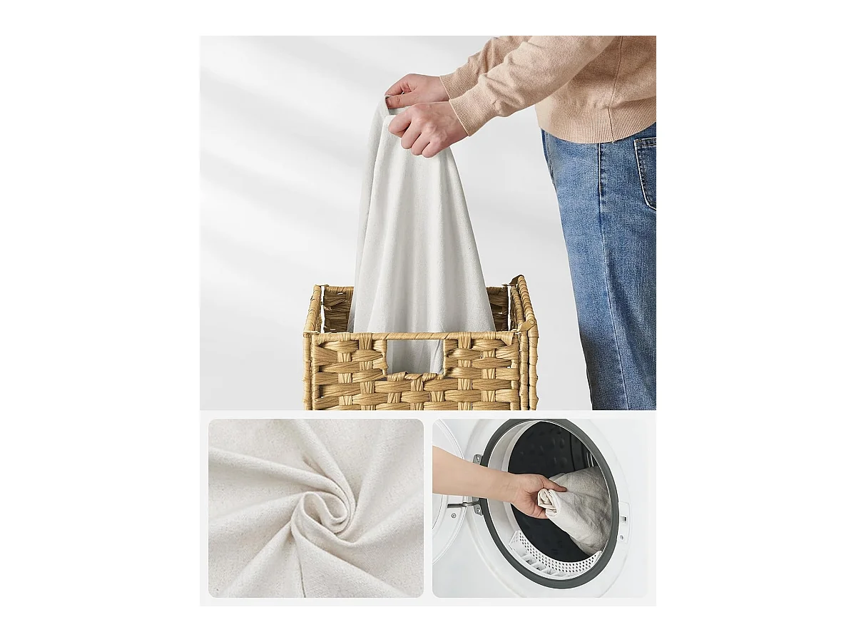 Handgeweven wasmand - 90L - Synthetisch rotan - Met deksel en handvatten - Waszak afneembaar