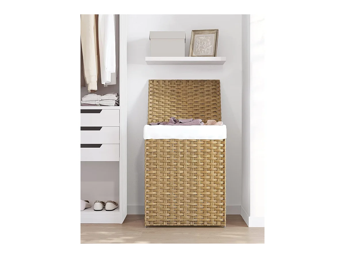 Handgeweven wasmand - 90L - Synthetisch rotan - Met deksel en handvatten - Waszak afneembaar