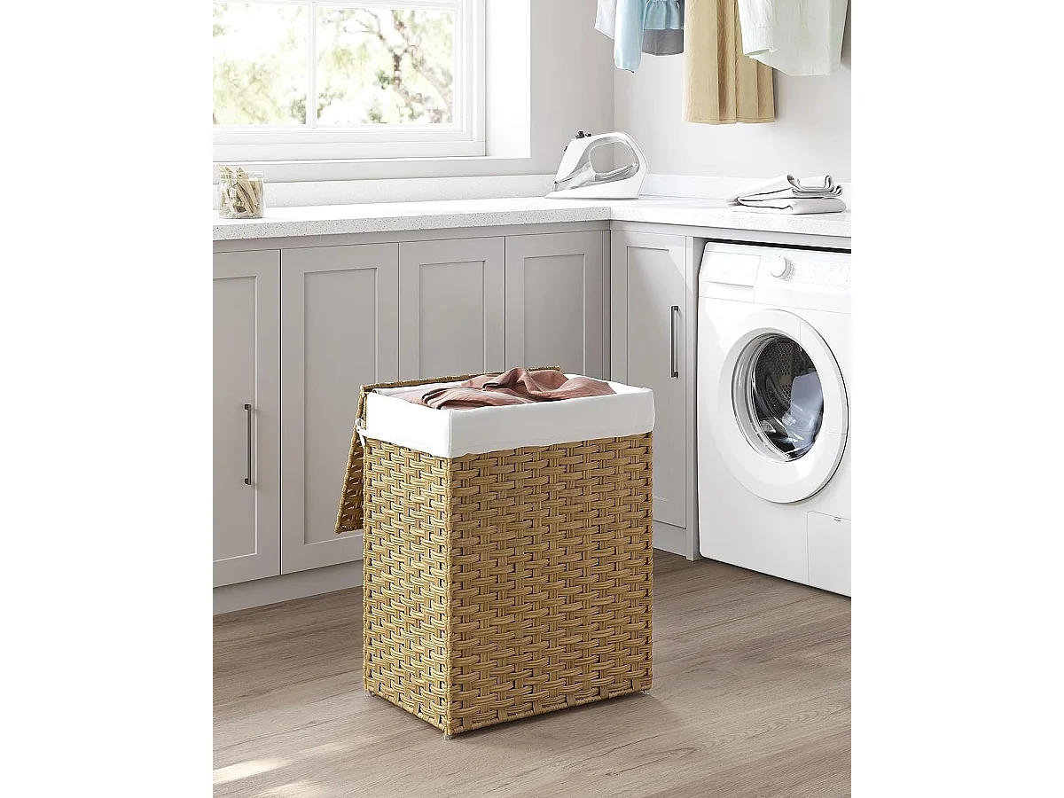 Handgeweven wasmand - 90L - Synthetisch rotan - Met deksel en handvatten - Waszak afneembaar