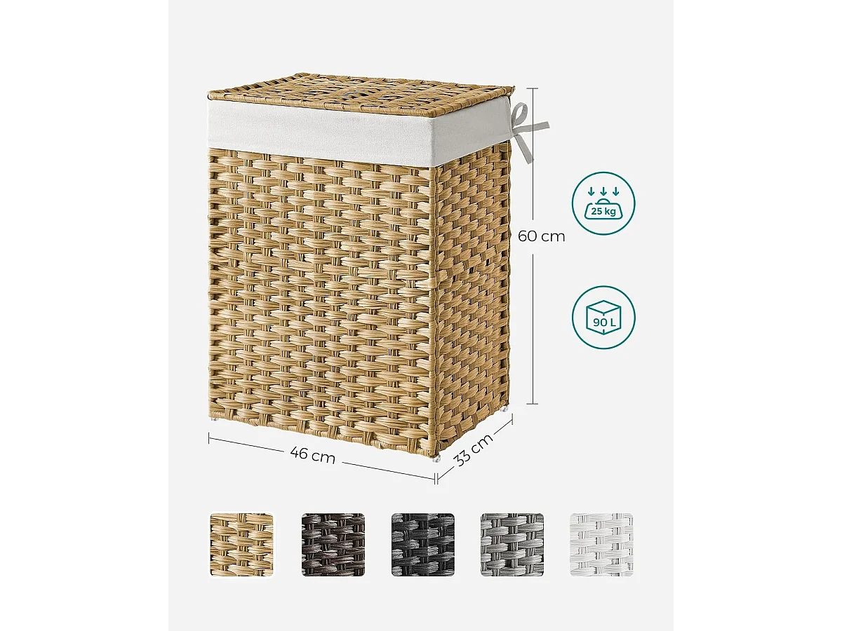 Handgeweven wasmand - 90L - Synthetisch rotan - Met deksel en handvatten - Waszak afneembaar