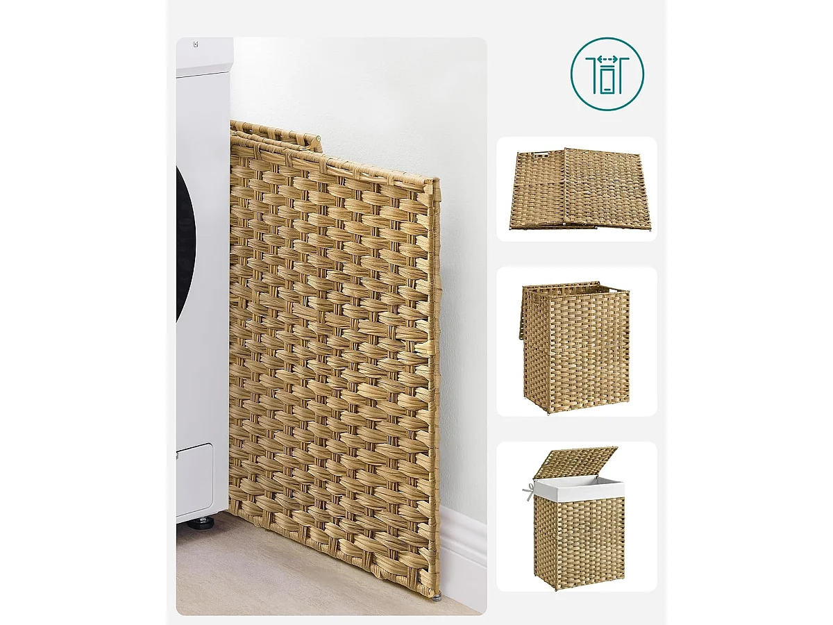 Handgeweven wasmand - 90L - Synthetisch rotan - Met deksel en handvatten - Waszak afneembaar