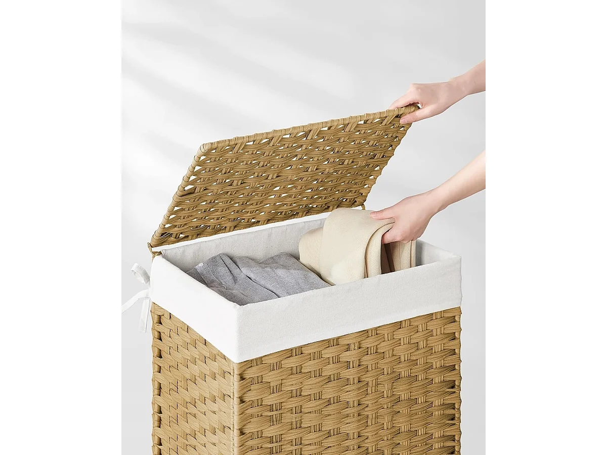 Handgeweven wasmand - 90L - Synthetisch rotan - Met deksel en handvatten - Waszak afneembaar